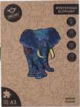 Verpakking van een houten puzzel met een afbeelding van een olifant met mandala-patronen in blauwtinten en iconen.