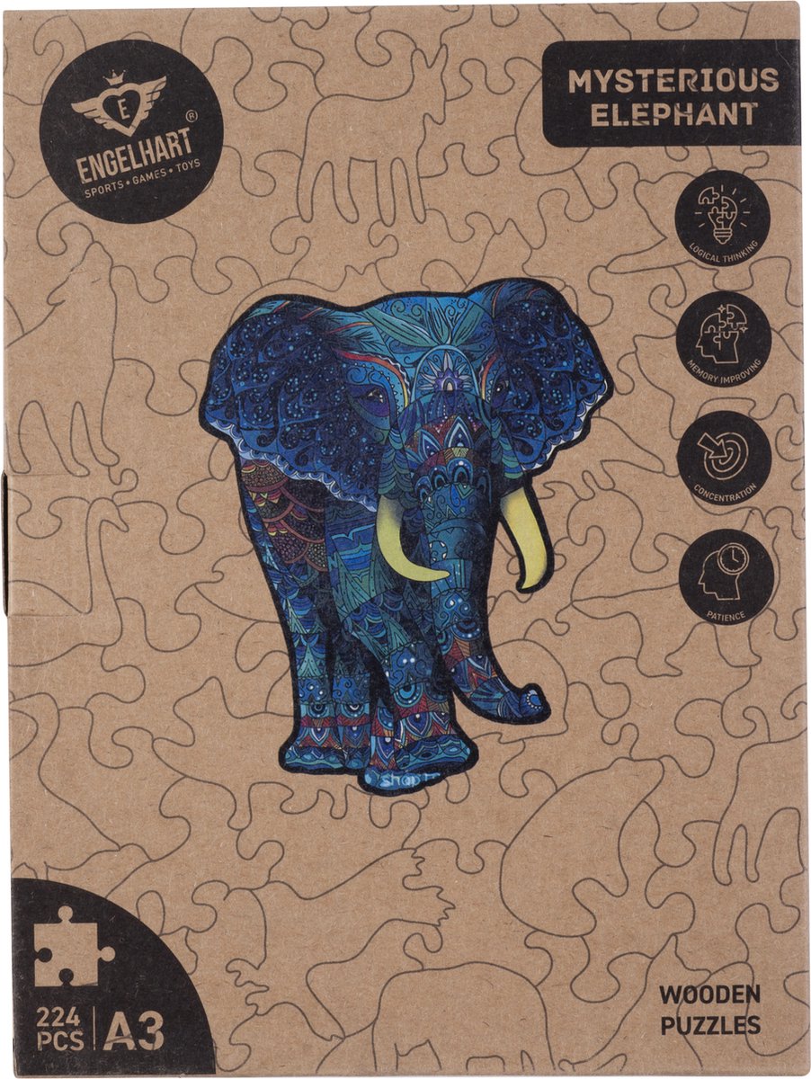 Houten Puzzel Olifant – 244 Unieke Puzzelstukjes – A3 Formaat Grote Houten Legpuzzel – Dieren Puzzelspel – Uitdagend Denkspel – Inclusief Opbergetui – Engelhart — afbeelding 13
