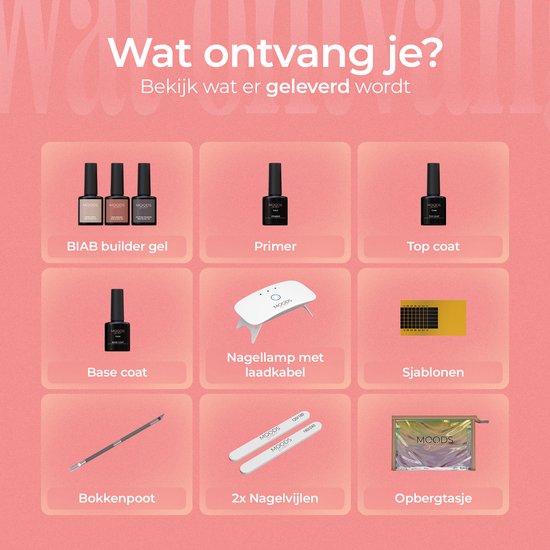 Overzicht van de BIAB builder gel, primer, top coat, base coat, nagellamp, sjablonen, bokkenpoot en 2 nagelvijlen.