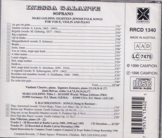 Achterkant cd hoes met tracklist en informatie. Tekst: INESSA GALANTE SOPRANO MAKS GOLDINS EIGHTEEN JEWISH FOLK SONGS RACHMANINOV ROMANTIC SONGS.