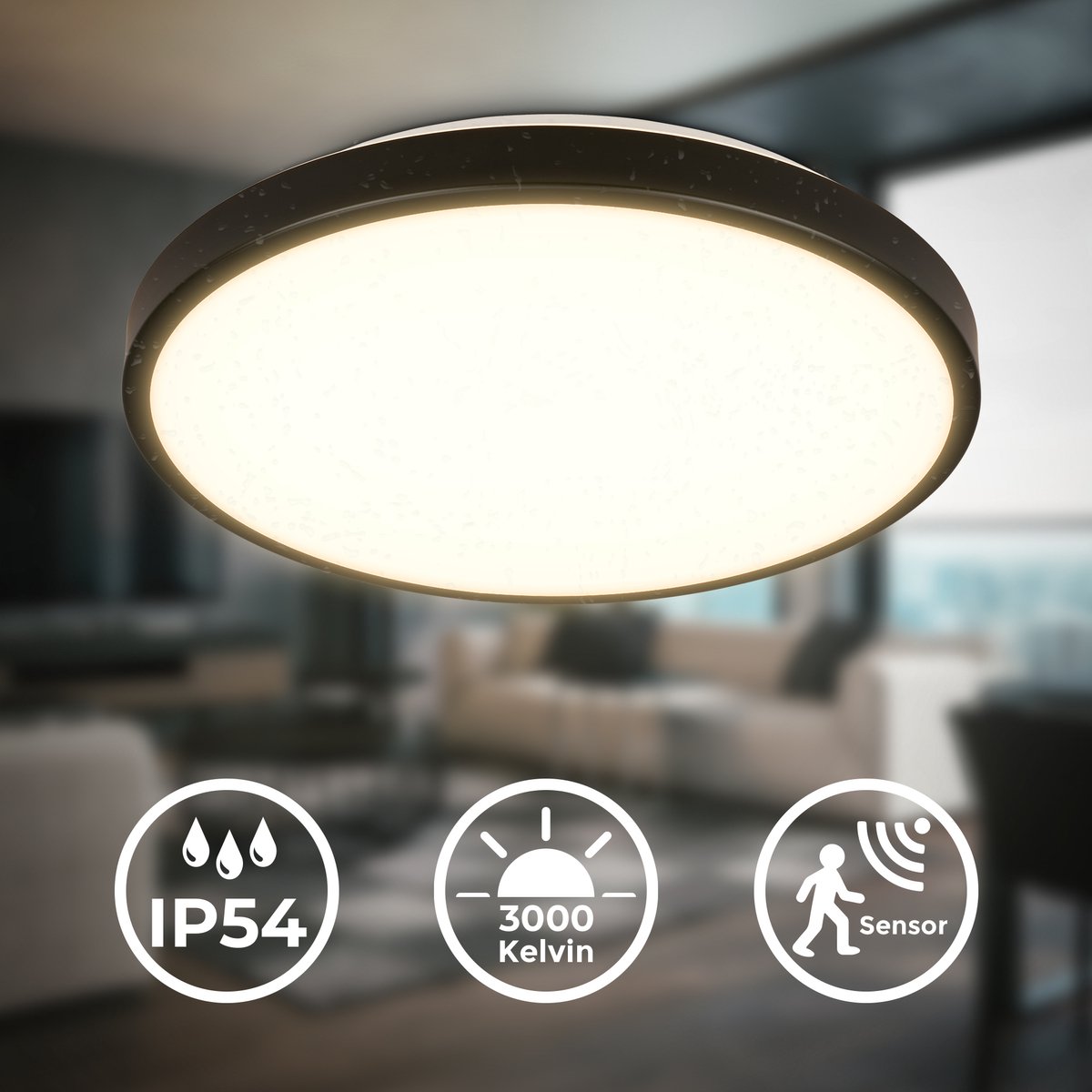 Plafonnier LED Avec Détecteur Mouvement - IP54, 12W, 3000K, Pour Salle De Bain Et Cuisine
