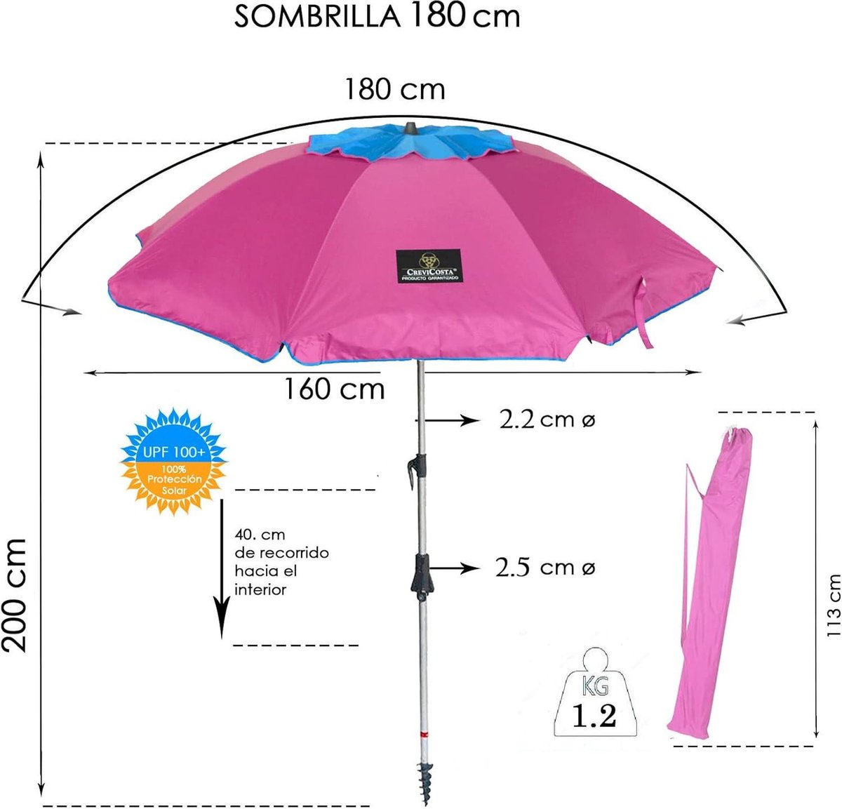Bol.com 180 cm Parasol - Spiraal en handgrepen - 8 stangen - Roze aanbieding