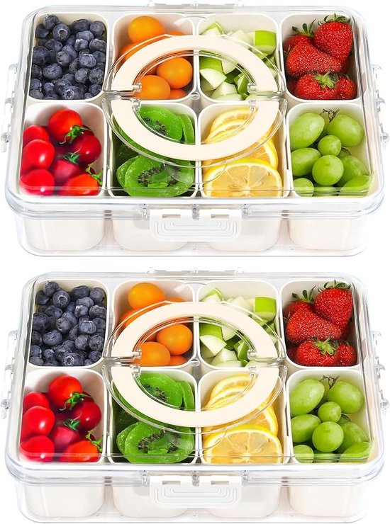 Foto: Verdeeld dienblad met deksel en handvat snackbox charcuterie container draagbare snackschaal organisator voor fruit en snacks leuk feest 2 stuks