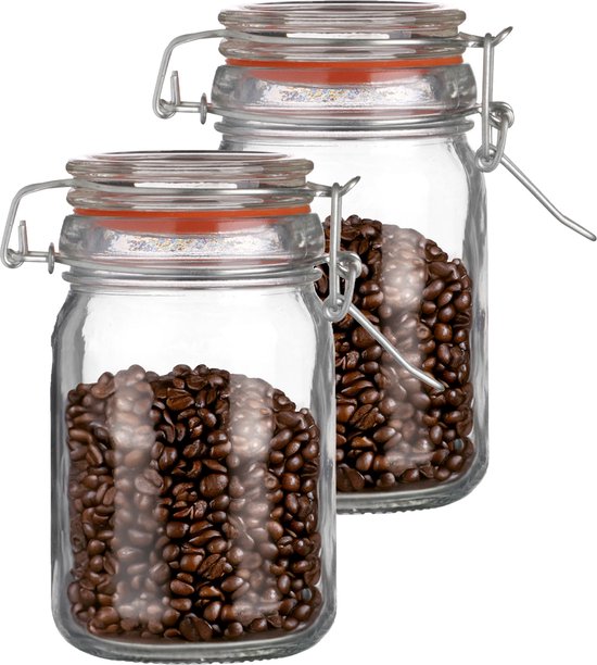 Deux bocaux en verre, chacun rempli de grains de café et doté d'un joint rouge et d'une fermeture à levier argentée.
