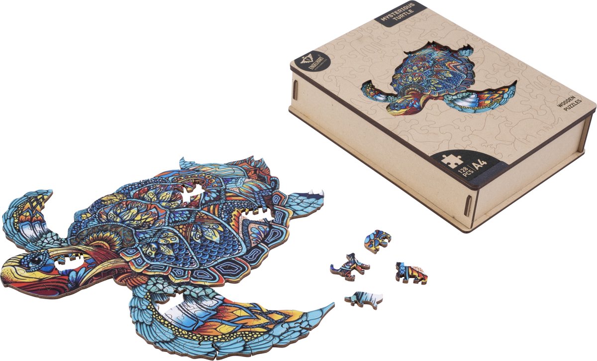 Houten Puzzel Schildpad – 128 Unieke Puzzelstukjes – A4 Formaat Houten Legpuzzel – Dieren Puzzelspel – Ontspannend Denkspel – Inclusief Opbergetui – Engelhart — afbeelding 13