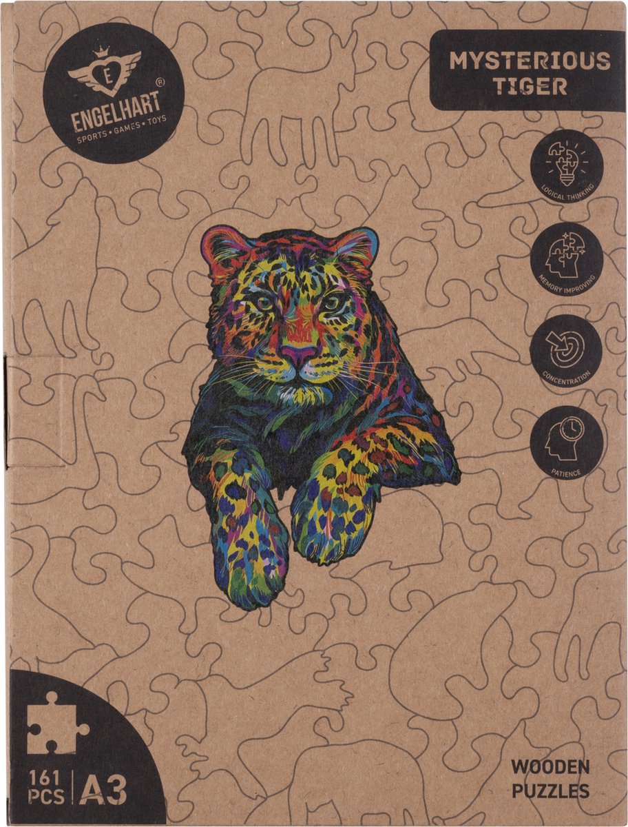 Houten Puzzel Tijger – 161 Unieke Puzzelstukjes – A3 Formaat Grote Houten Legpuzzel – Dieren Puzzelspel – Uitdagend Denkspel – Inclusief Opbergetui – Engelhart — afbeelding 11