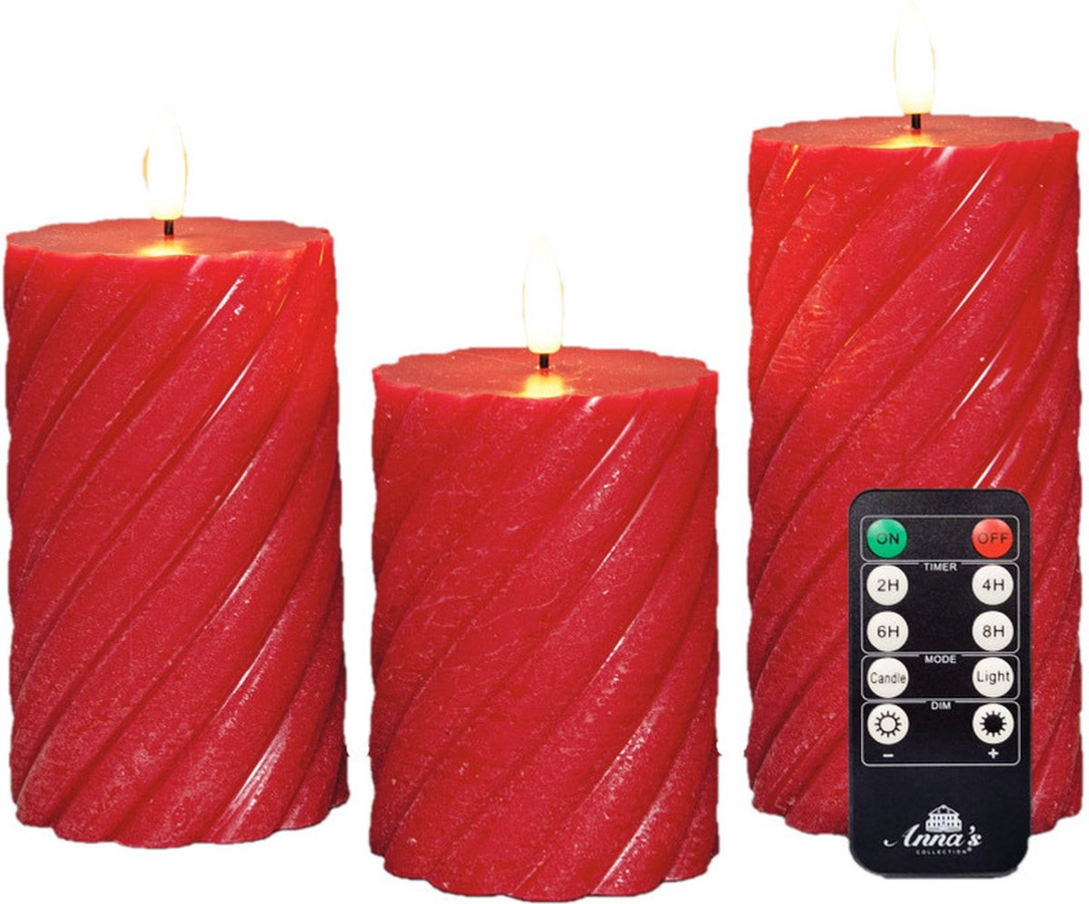 Anna's Collection Anna Collection LED kaarsen/stompkaarsen set - 3x st - rood - swirl - afstandsbediening