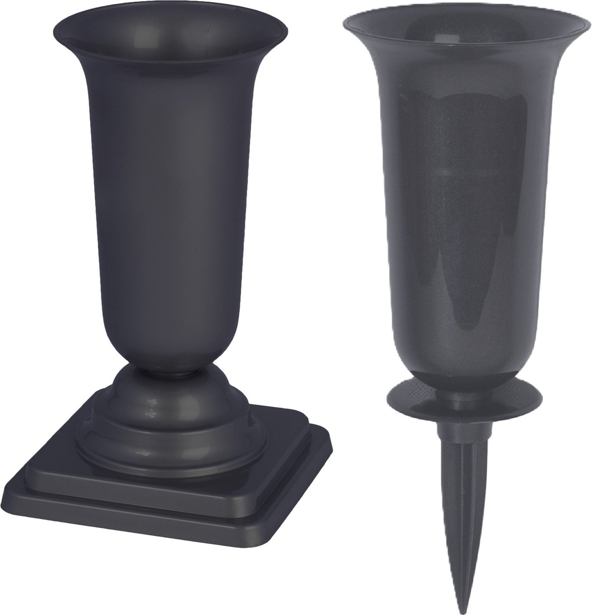 Form Plastic Grafvazen kunststof - set van 2x - antraciet - H37 en 40 cm - bloemenvaas herdenkingsplaats