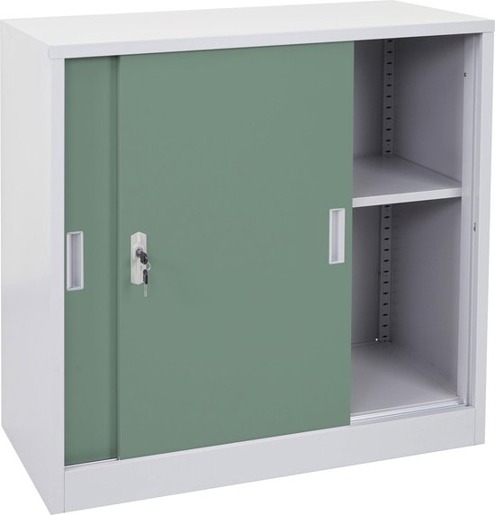 Stalen archiefkast Boston MCW-F41, groen, met schuifdeur open, onthult een legbord.