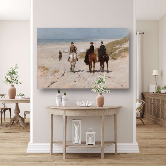 Promenade matinale le long de la plage - Portrait d'Anton Mauve - Portrait de Paarden - Décoration murale Animaux - Tableaux ruraux - Toile avec cadre - Toile d'art avec cadre 100x75 cm