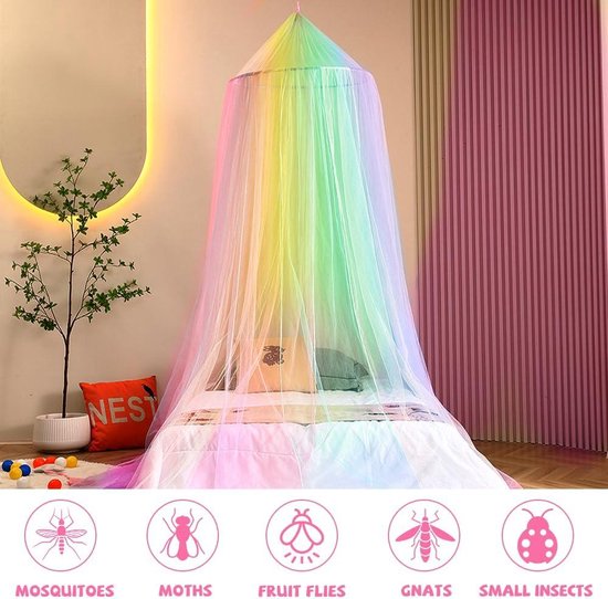 Bedhemel, baldakijn voor kinderkamer, babybed, baldakijn met kant, hemelbed, gordijnen voor babynest, muggennet, prinses, bed, canopy