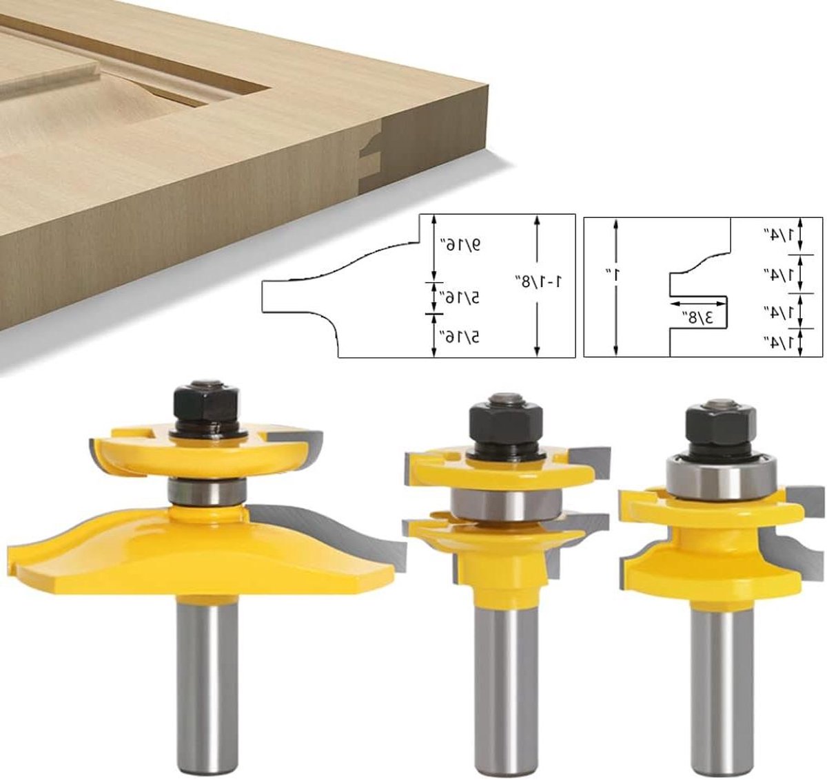 3 Stuks 1/2-Inch Schacht Ronde Over Verhoogde Paneel Kast Ogee Deurrail en Stile Router Bits - Houtbewerking Hout Cutter