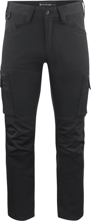 Zwarte werkbroek met cargo zakken en knie-inzetten.