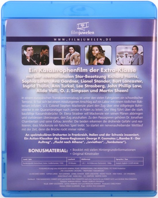 Achterkant Blu-ray hoes "Cassandra Crossing" met filmdetails, beschrijving en bonusmateriaal.