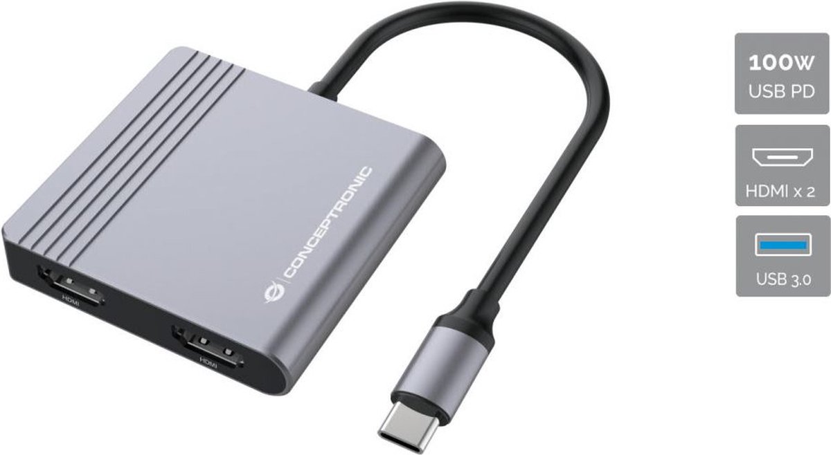 Conceptronic Donn13g 2x Hdmi/usb/usb C Usb-c Hub Zilver