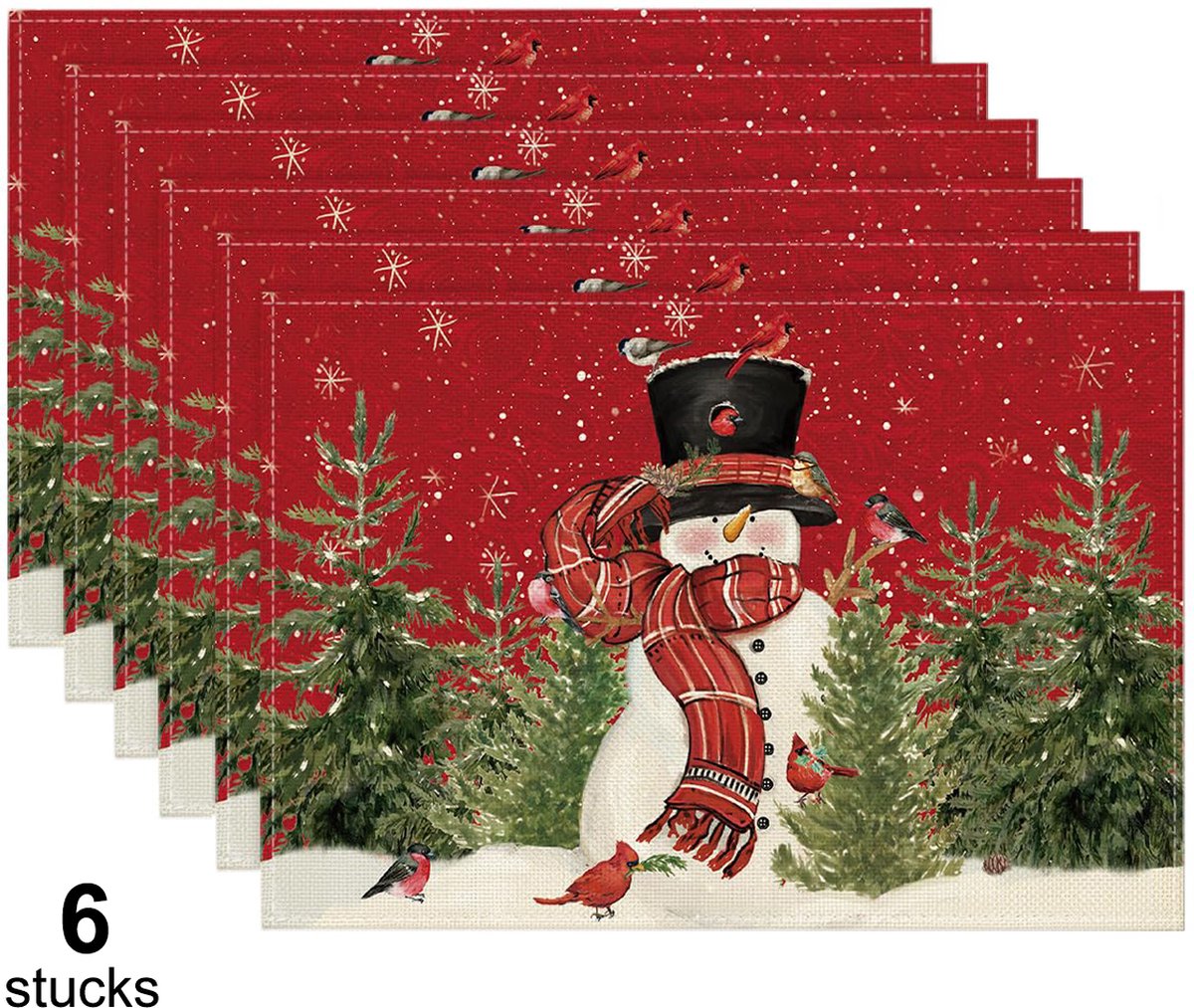 Blazelife Kerstmis Placemats - Duurzaam PVC en Polyester - Onderzetters - Hittebestendig - Makkelijk schoon te maken - 45 x 30 cm - Kerstsneeuwpop - Set van 6 stuks