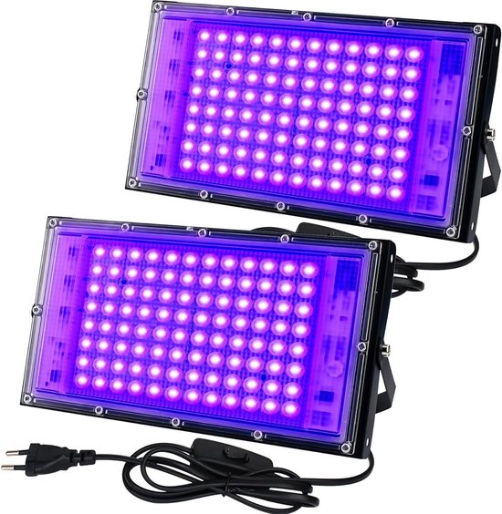 OUSIDE Led-blacklight-schijnwerper, 150 W, 2 stuks, uv-spot, IP66 waterdicht, outdoor licht met stekker, 385-400 NM schijnwerper voor Black Light Party, Glow Party, Halloween, graffiti, disco