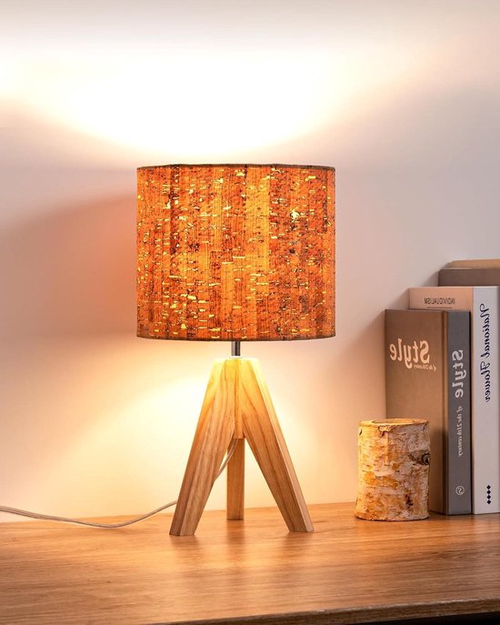 EDISHINE Houten Nachtkastje Lamp, Linnen lampenkap, E27 LED-lamp EDISHINE Houten Nachtkastje Lamp, Linnen lampenkap, E27 LED-lamp
