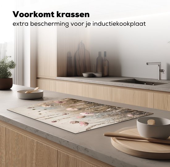 KitchenYeah® Protection plaque induction 77x51 cm - Fleurs - Beige - Fleurs sèches - Protege plaque de cuisson - Couvre plaque induction - Protecteur d'induction - Cuisine