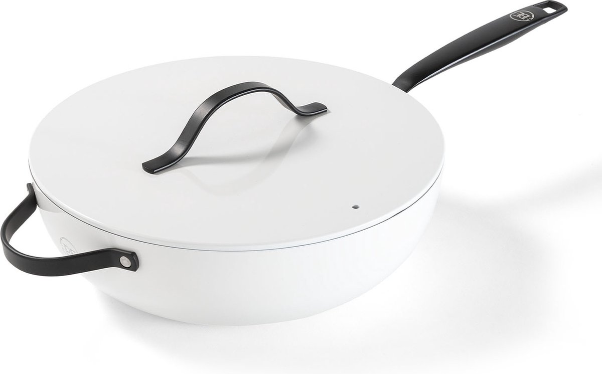 BE Living Wokpan met Deksel - Ø 30 cm - PFAS vrije Keramische Hapjespan inductie - Alle warmtebronnen - Wit