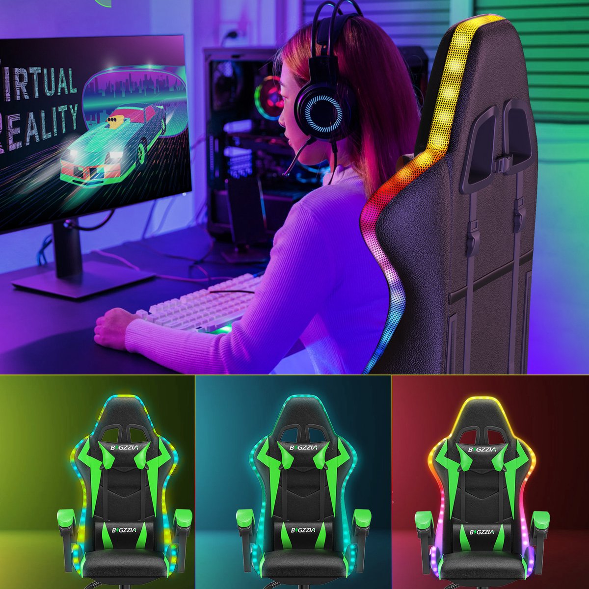 Gaming stoel met LED lichteffecten - Ergonomische Bureaustoel - Verstelbare rugleuning - LED Gaming stoel met lendensteun en hoofdsteun - Zwart en Groen – foto 4