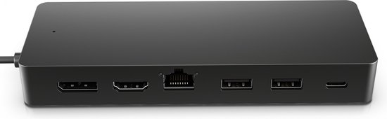 Zwarte multiport hub met twee HDMI, een Ethernet-poort en drie USB-poorten.