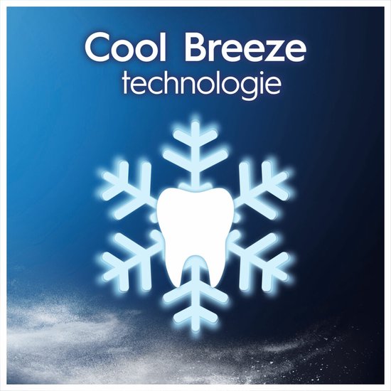 Een witte tand binnen een blauwe, gloeiende sneeuwvlok. Tekst: Cool Breeze technologie voor frisse adem.