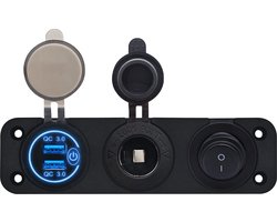 ProRide 12V USB Autolader 2 Poorten - QC3.0 - Drievoudig inbouw paneel - Sigaretten stopcontact en Schakelaar