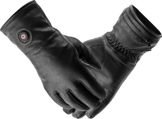 Twee zwarte lederen handschoenen die elkaar de hand schudden, met een rode aan/uit-knop op de pols.