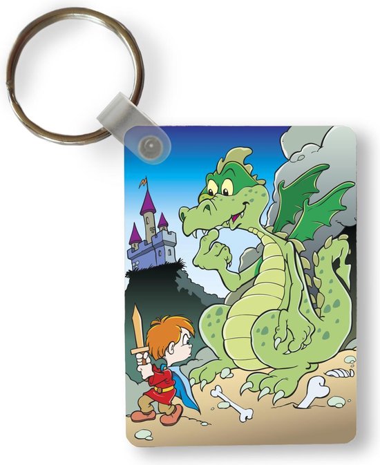 Porte-clés Illustration pour enfants Dragon - Illustration pour enfants d'un garçon avec épée en bois et porte-clés dragon vert en plastique - Porte-clés rectangulaire avec photo