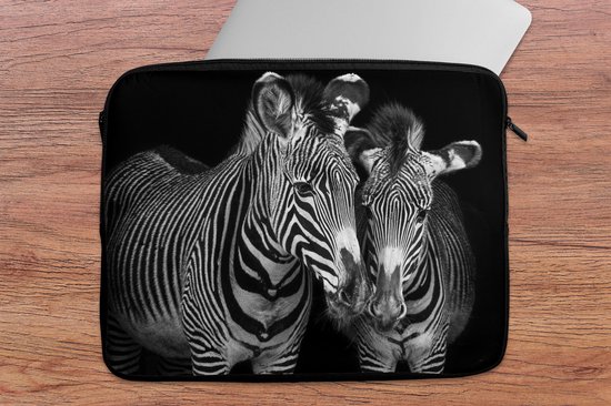 Pochette ordinateur 17 pouces 41x32 cm - Zebra sur fond noir - Pochette Macbook & Laptop zèbre avec son petit sur fond noir - Pochette ordinateur portable avec photo