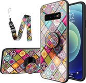 Voor Samsung Galaxy S10 Geschilderd Etnisch Patroon Gehard Glas TPU Schokbestendig Hoesje met Opvouwbare Magnetische Houder & Nekband (Kleurrijk)