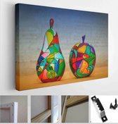 A work of art - pears and apples painted by hand paints in bright blue and orange background - Modern Art Canvas - Horizontal - 337689953 - 115*75 Horizontal