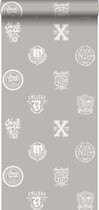ESTAhome behang school emblemen taupe - 128804 - 53 cm x 10.05 m