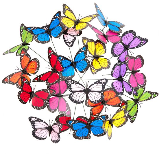 Composition circulaire de 36 papillons décoratifs colorés sur des tiges métalliques.