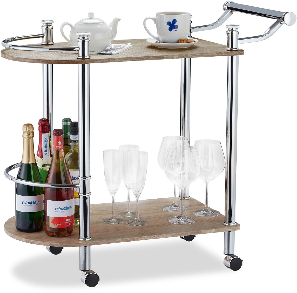 serveerwagen - 2 laags - met wieltjes - handgreep - 76 x 39 x 82 cm - staal