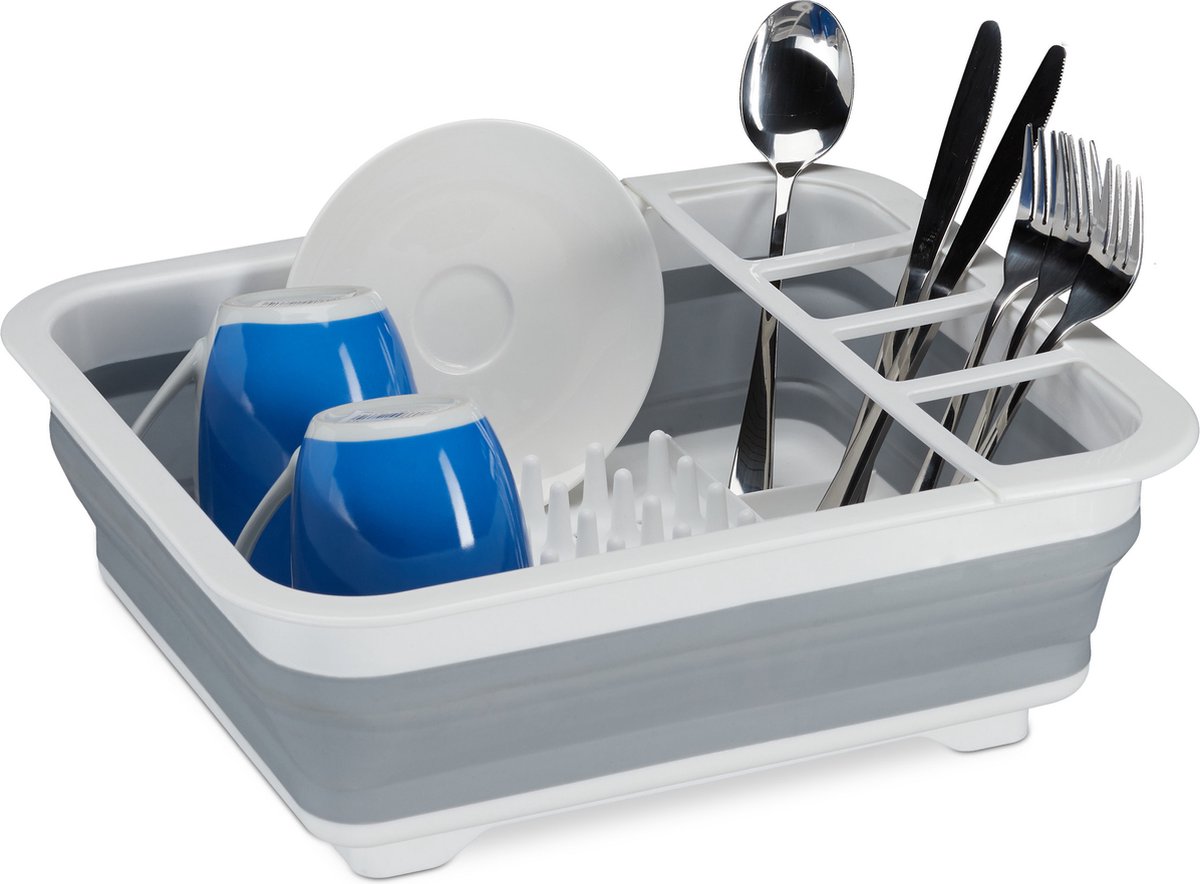 Goedkoopste opvouwbaar afdruiprek - servies en bestek - wasrekje keuken en camping - siliconen en kunststof - wit-grijs