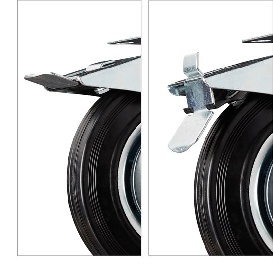 Twee close-ups van een zwenkwiel, één met en één zonder remhendel.