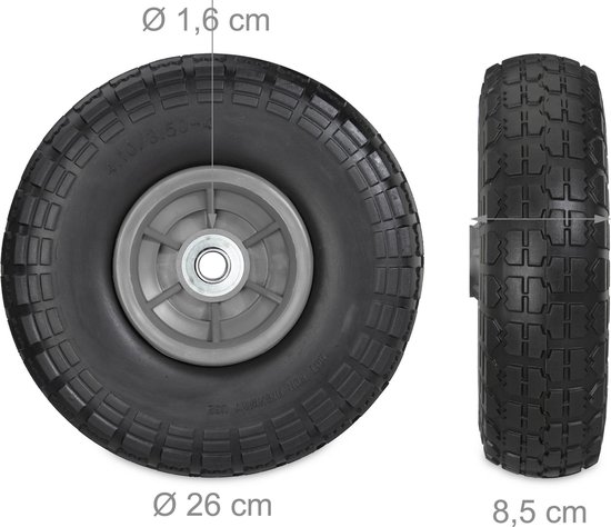 Roue de diable relaxdays - anti-crevaison - 4.1/3.5-4 - pneu en caoutchouc - roue de secours - 2 pièces Zwart gris