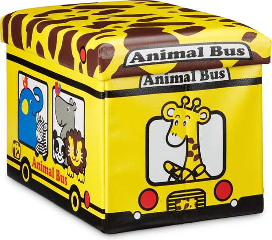 Foto: Relaxdays poef voor kinderen met opbergruimte speelgoedkist kunstleer 37 l 32 x 48 x 32 cm dieren animal bus