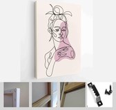 One line woman portrait and leaves in contemporary abstract style with colorful shapes. Vector hand drawn illustration - Modern Art Canvas - Vertical - 1908571222 - 50*40 Vertical