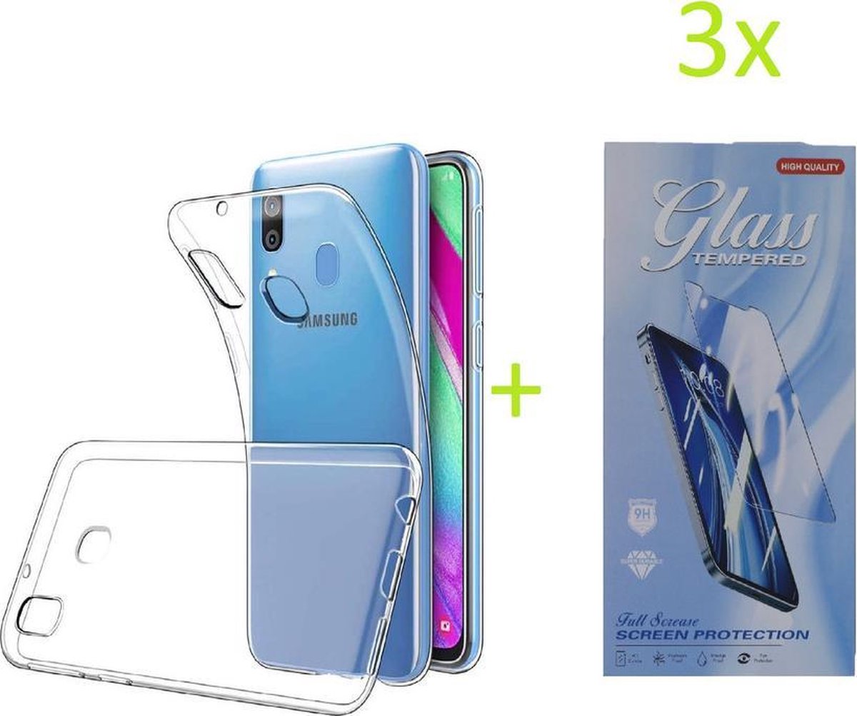 Soft Back Cover Hoesje Geschikt voor: Samsung Galaxy A40 Transparant TPU Siliconen Soft Case + 3X Tempered Glass Screenprotector
