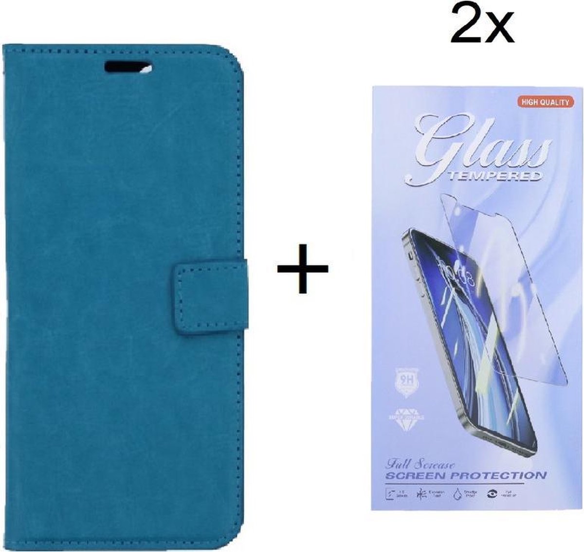 Bookcase Geschikt voor: Oppo A15 - Turquoise - portemonnee hoesje met 2 stuks Glas Screen protector