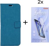 Oppo A15 - Bookcase Turquoise - portemonee hoesje met 2 stuks Glas Screen protector