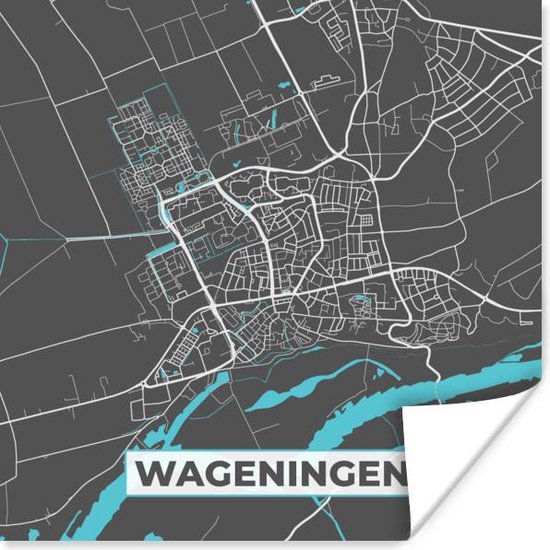 Poster Plattegrond - Wageningen - Grijs - Blauw - 50x50 cm - Stadskaart