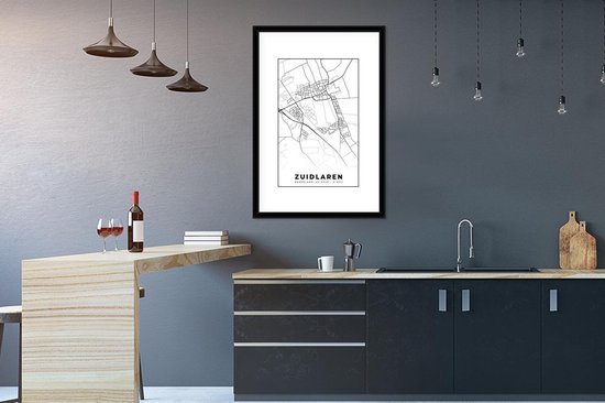 Affiche avec cadre Carte - Zuidlaren - Zwart - Wit - 60x90 cm