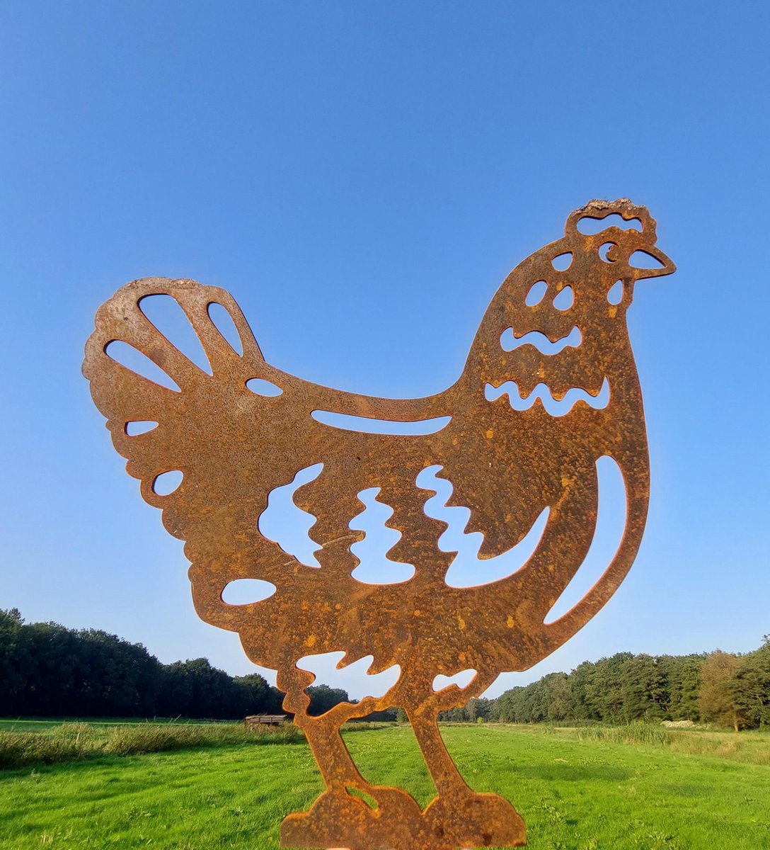 décoration de jardin, acier corten (rouille), acier corten, piquet de jardin,  coq avec