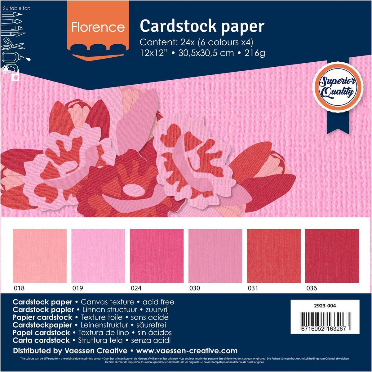 Vaessen Creative Florence Cardstock, Stevig Kaartpapier 216g - Roze, 24 Stuks. 30,5 x 30,5 cm