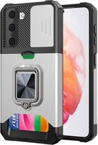 Voor Samsung Galaxy S21 5G Sliding Camera Cover Design PC + TPU Shockproof Case met Ring Houder & Card Slot (Zilver)