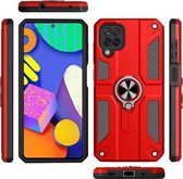 Voor Samsung Galaxy M62 koolstofvezelpatroon pc + TPU-beschermhoes met ringhouder (rood)